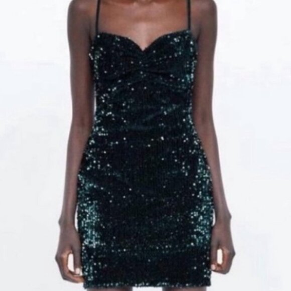 Zara Basic Dark Green Emerald Sequin Mini Dress Size Small - Picture 1 of 10